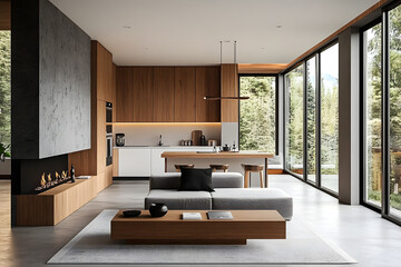 Modern minimalist kitchen and living room with wooden accents and large windows.