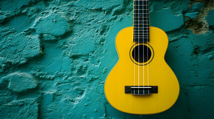 Bright Yellow Ukulele Against Vibrant Textured Turquoise Wall