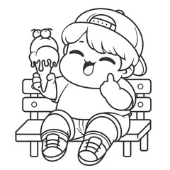 Fat boy eating ice cream while sitting on a chair, for coloring