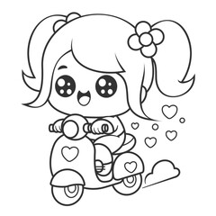 Happy girl riding a scooter, for coloring