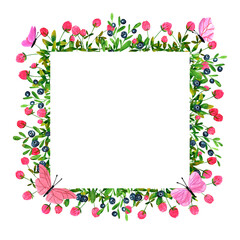 Fresh blueberries and clover flowers background. Set of frames of watercolor berries and clovers, dragonflies, butterflies, bumblebees and bees. Clip art, design element.