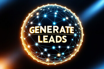 A glowing, interconnected sphere with the text word Generate Leads, surrounded by a dark background and blue emitting light