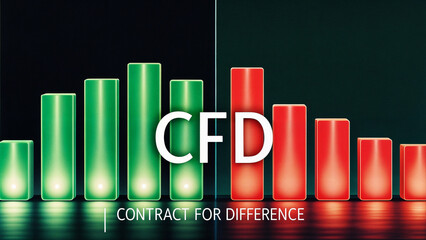 Green and red bars, representing a stock market or financial data. The word text CFD abbreviation acronym of Contract for Difference, indicating the type of financial instrument being depicted.