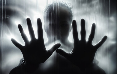A person with their hands pressed against a frosted glass surface, creating an eerie and mysterious silhouette and background is blurred, adding to the sense of depth and intrigue.
