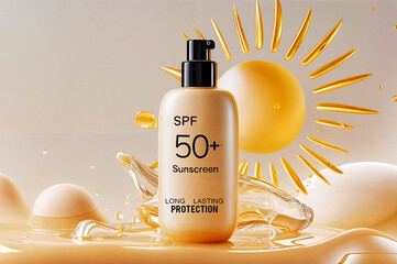 A bottle of SPF 50+ sunscreen with the text word "Long Lasting Protection" The background features a stylized sun with rays and a golden liquid, emphasizing the product's sun-protective properties.