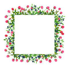 Fresh blueberries and clover flowers background. Set of frames of watercolor berries and clovers, dragonflies, butterflies, bumblebees and bees. Clip art, design element.