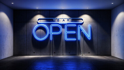 A bright blue neon sign spelling out word text "WE ARE OPEN" against a dark, concrete wall and illuminated by several spotlights, creating a dramatic and eye-catching display..