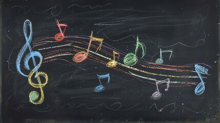 A chalkboard with colorful chalk drawings of musical notes and a treble clef.