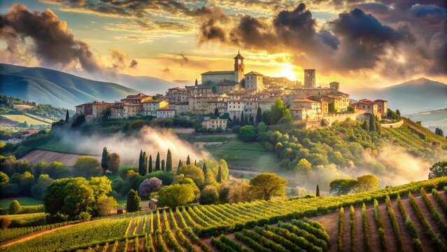 Umbria, Italy: Double Exposure of Montefalco's Ancient Village & Rolling Hills