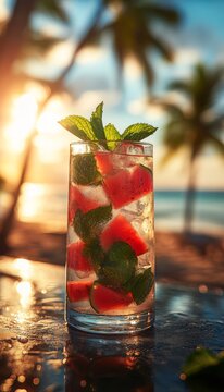 watermelon artisan mojito in a glass on the beach