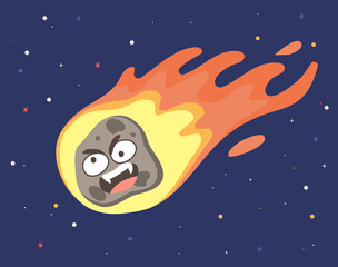 Funny flame meteorite asteroid vector illustration. Space fireball object orbiting through universe © Kakigori Studio