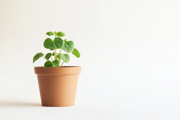 Fototapeta premium Stylish Pilea plant in a modern pot on a minimalist white background