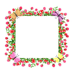 Fresh lingonberries and clover flowers background. Set of frames made of watercolor berries and clovers. Clip art, design element.