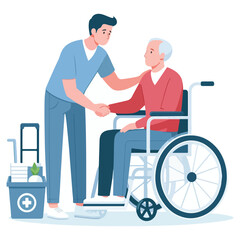 Kind Caregiver Assisting Senior Man in Wheelchair Illustration