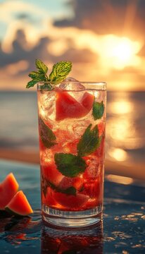 watermelon artisan mojito in a glass on the beach