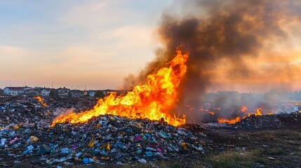 Fototapeta premium A massive pile of burning garbage at a suburban dump, with large flames and smoke rising against a simple, blurred background, symbolizing environmental pollution and waste management issues.