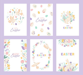 Collection Easter posters with bunny, bird, eggs and spring flowers. Set holiday covers, posters, banners, greeting cards with lettering. Vector illustration