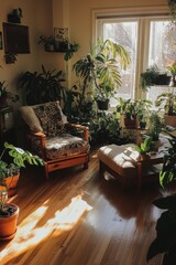 Fototapeta premium Bright and spacious apartment adorned with lush houseplants, creating a vibrant and inviting atmosphere.