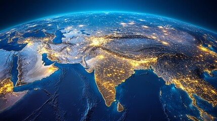 Close-up of a digital map of the Middle East with glowing network connections, symbolizing global communication, technology, and data connectivity in the region.