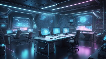 Futuristic high-tech office with glowing computer screens