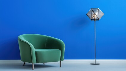 Sage-green armchair on cobalt blue, smoked-glass light overhead.