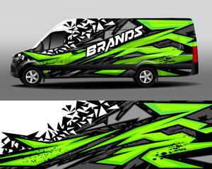 Design of delivery van. Cargo van decal, truck and car wrap vector. Car design development for the company. Black with green background for car vinyl sticker.