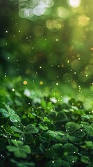 Fantasy Clover Patch with Dreamy Green Tones, Sunlit Leaves, and Soft Bokeh Sparkling Effects for St. Patrick’s Day