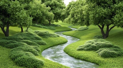 Obraz premium Lush Green Meadow with Winding Stream Flowing Through Trees in Serene Daylight
