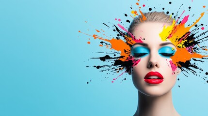 Woman with colorful makeup on her face is the main focus of the image. The background is a bright blue color, which contrasts with the woman's colorful makeup. Scene is playful and fun