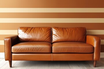 Sienna-striped wall with smooth camel sofa, balanced depth.
