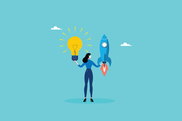 Innovative Businesswoman Connecting a Bright Idea to a Rocket Launch, Igniting the Path to Success