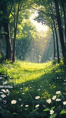 Fototapeta premium A serene forest path illuminated by sunlight and adorned with blooming wildflowers.