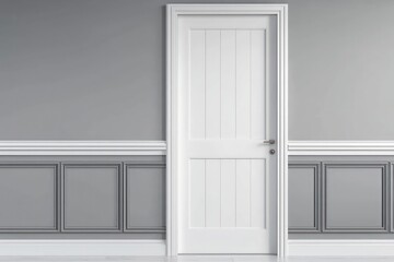 Linen-white door, dove-gray backdrop, minimalist design.