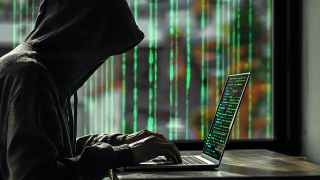 Dark Hooded Hacker Programming on Laptop Exploring Cyber Technology with Mysterious Green Code in Digital Realm