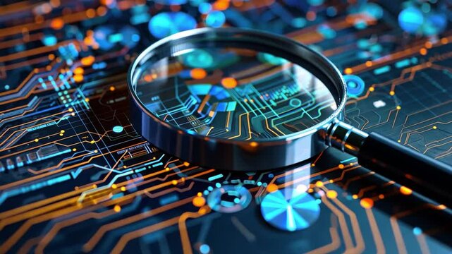 Magnifying Glass on Circuit Board Close Up Detail of Technology and Innovation in Vibrant Blue and Orange Electronics