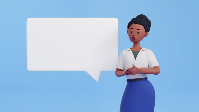 3D Female Narrator character with Speech Bubble. Business woman is presenting, speaking or narrating. Talking mouth, lips expressions, articulation, lip syncing. Looped animation, copy space