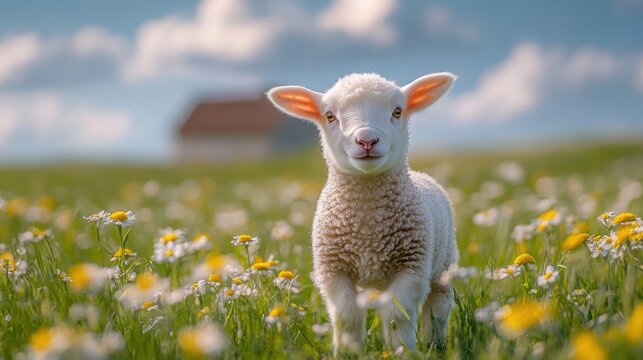 Adorable Lamb in Spring Meadow Fluffy White Sheepling in Daisies