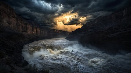 Dramatic sunset over a raging river in a canyon.