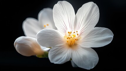 Close up of a white flower with a black background. The flower is the main focus of the image and it is in full bloom. The black background creates a sense of contrast