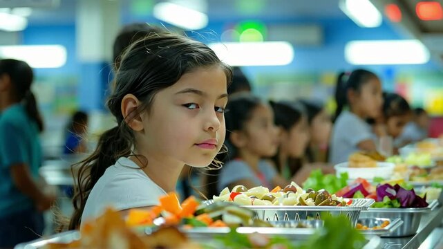 A young girl stands in a school cafeteria line, looking back with a calm expression