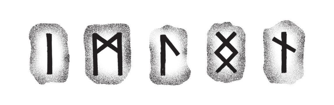 Elder Futhark runes engraved on stones. Vector set of five symbols. Norse mythology, Viking era. Scalable, monochrome design. Perfect for graphic projects. Isa, Mannaz, Laguz, Ingwaz, Nauthiz by dot.