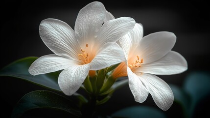 Fototapeta premium Two white flowers are in a vase. The flowers are very close to each other and are very bright