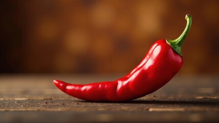 A vibrant red chili pepper rests on a rustic wooden surface, its glossy skin reflecting the warm, ambient light.  The pepper's curves and details are sharply defined against the blurred background.