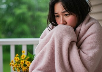 Woman wrapped in blanket on porch with flowers on a rainy day