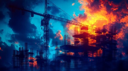 Fototapeta premium Construction site with a building under development, a tower crane, and heavy machinery at sunset, symbolizing urban growth, industrial progress, and modern infrastructure.
