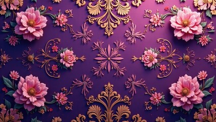 Obraz premium Intricate floral pattern with opulent gold accents on a rich purple backdrop, showcasing a luxurious and elegant design aesthetic, perfect for high-end textiles or wallpaper