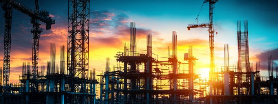 Construction site with a building under development, a tower crane, and heavy machinery at sunset, symbolizing urban growth, industrial progress, and modern infrastructure.