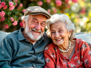 Happy elderly couple enjoying time together in summer nature, radiating warmth, care, and harmony.