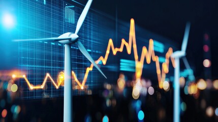 Highlighting clean energy through holographic wind turbines and solar panels integrated with digital charts.