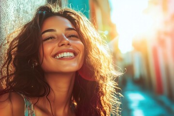 Bright and cheerful young woman smiling warmly under the glow of the sun. An inspiring and joyful scene captured outdoors on a vibrant street. Generated AI